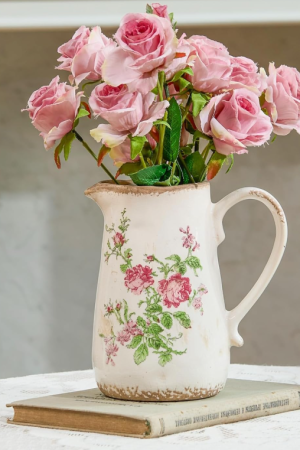 French Floral Distressed Off-White Handle Watering Can Vase