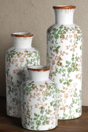 Retro Green Vine Floral Three-Piece Straight Ceramic Vase Set