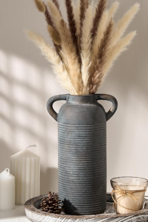 Vintage-Style, Two-Handled, Gray-Black Vertical-Striped Coarse Pottery Vase for Dried Flowers